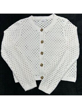 Open-Knit Cardigan Sweater By Gap Large Button-Front Long-Sleeve White Cotton